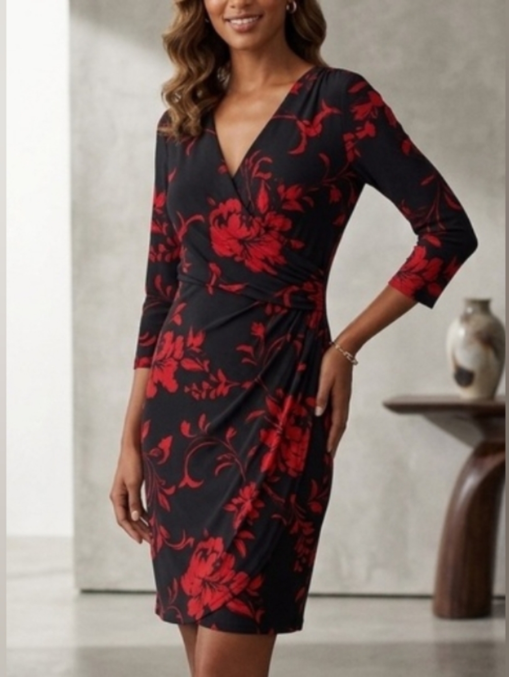 Lauren Ralph Lauren Surplice Front Dress Size 16 Black Red Floral Bodycon Slinky